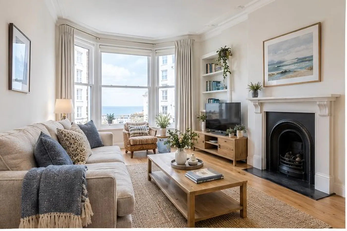 A staged living room with a sofa, cushions and a bay window